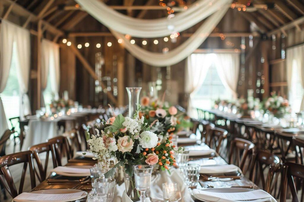 Elegante und romantische Hochzeitsdekoration in einer rustikalen Scheune, mit langen Holztischen, Blumenarrangements und sanfter Beleuchtung – ideal für eine Hochzeit auf dem Bauernhof.