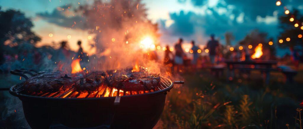 Grillabend bei Sonnenuntergang mit Feuerplatte, im Vordergrund glühende Kohlen und gegrilltes Fleisch, im Hintergrund entspannte Gäste und stimmungsvolle Lichter.