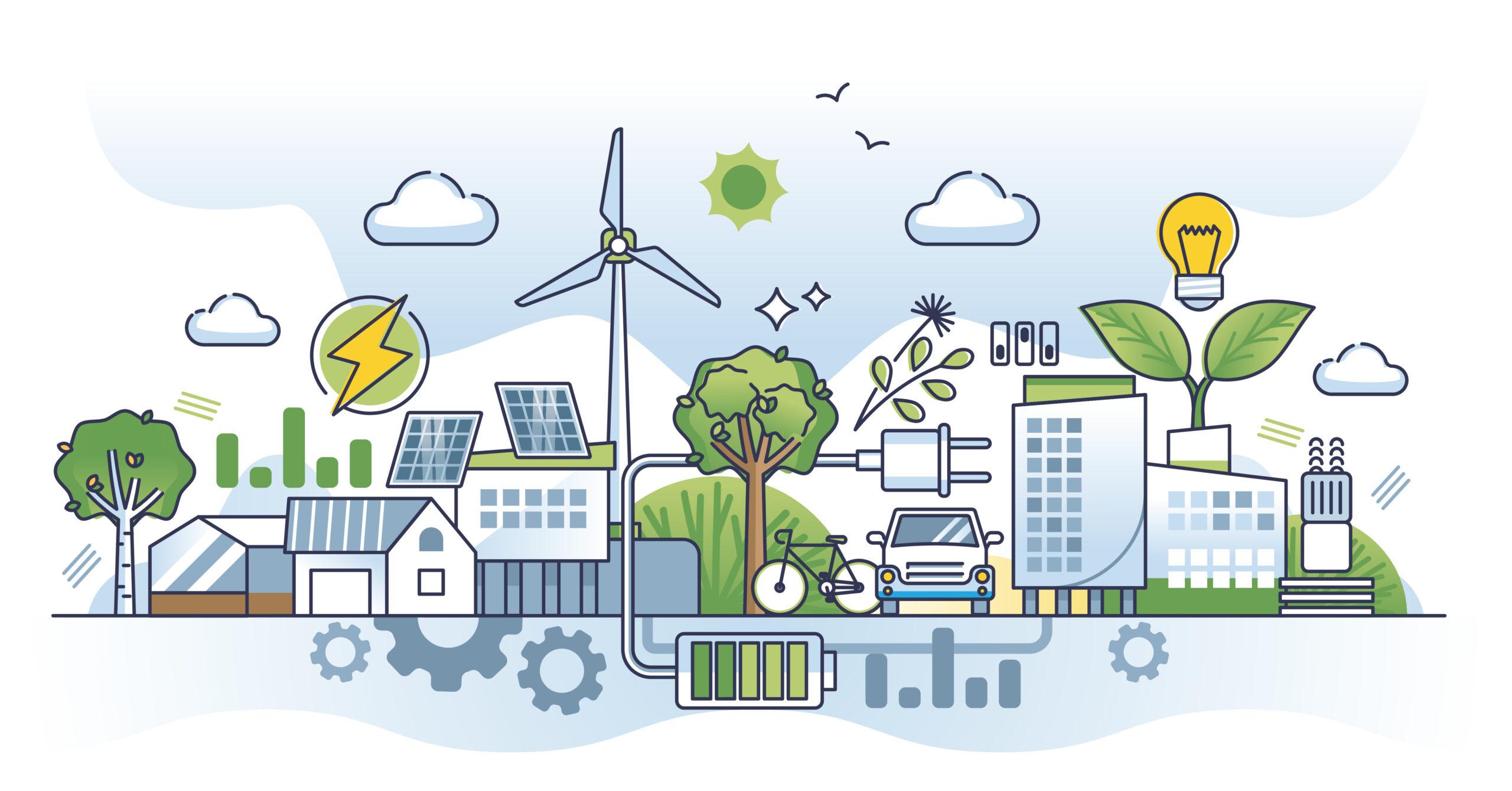 Illustration mit Solaranlagen, Windrädern und nachhaltigen Elementen zur Förderung von Photovoltaik in Leipzig