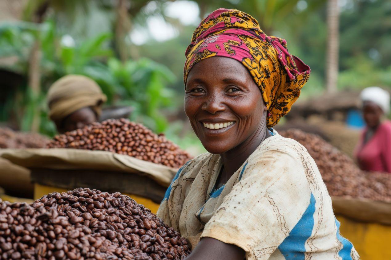 Frau lacht bei der Arbeit mit frisch geernteten Bohnen – fairer Handel mit Gepa Kaffee in Afrika