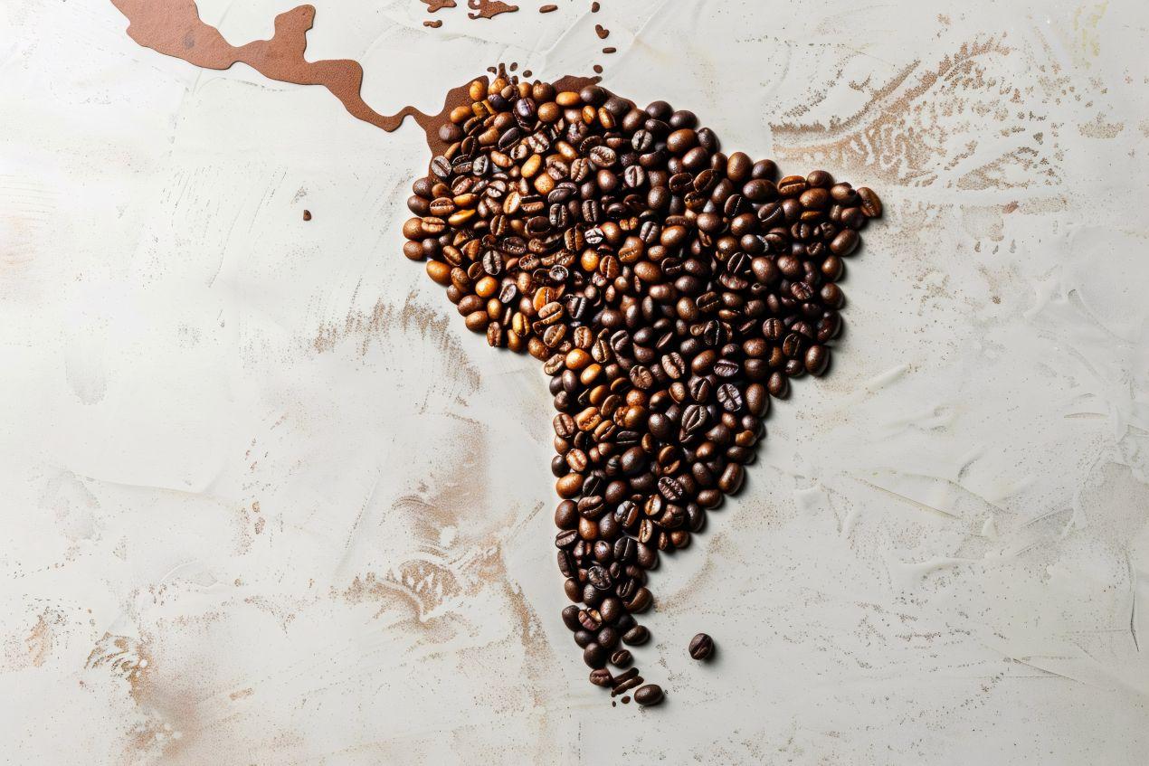 Kaffeebohnen in Form von Südamerika auf heller Fläche – Symbol für die Herkunft von Gepa Kaffee