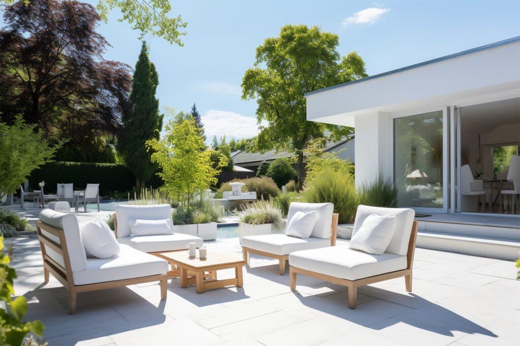 Moderne Terrasse mit weissen Loungemöbeln und Garten | Outdoor Schrank