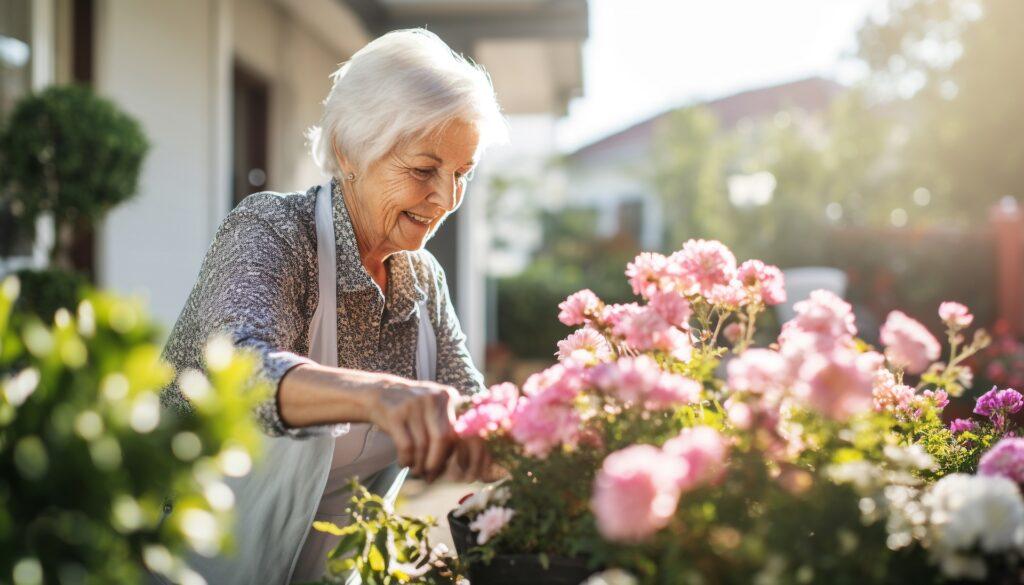 Ältere Frau genießt Gartenarbeit bei Sonnenschein | Pflegehelfer Frankfurt
